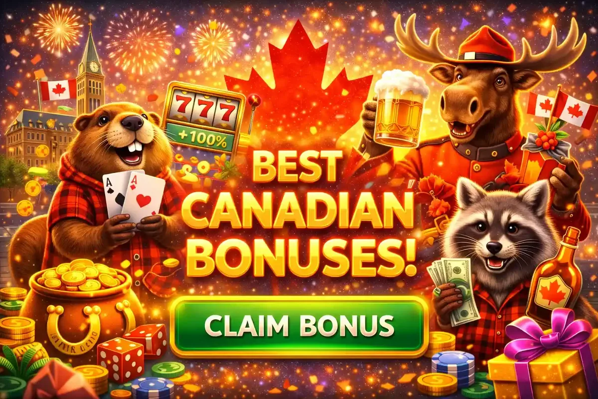 Canadian casino bonuses featuring beaver moose and raccoon mascots with Parliament building maple syrup and claim bonus button