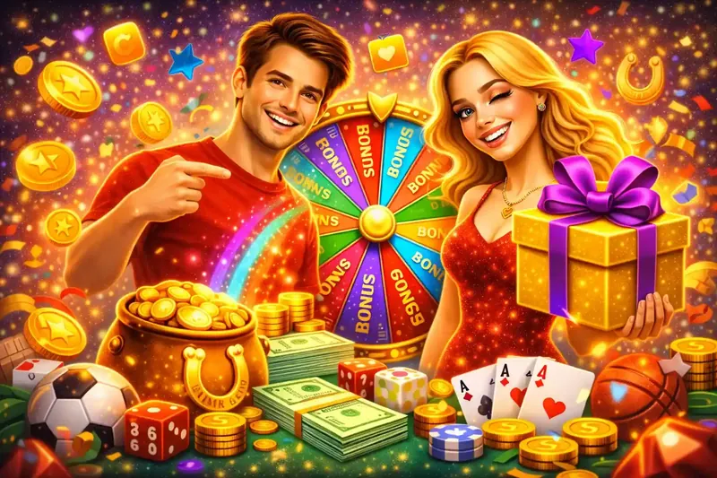 Excited couple presenting colorful bonus wheel with multiple prize segments gift boxes and stacks of casino chips