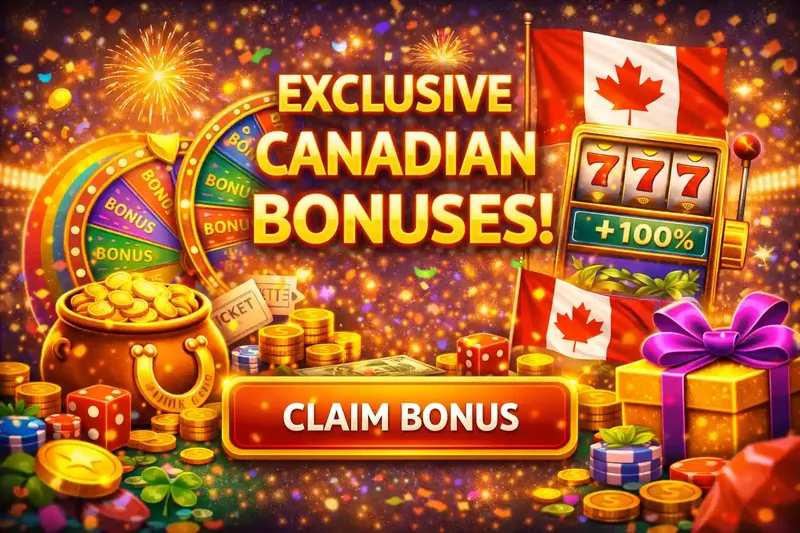 Exclusive Canadian casino bonus promotion with 100 percent match offer bonus wheel slot machine and maple leaf flags