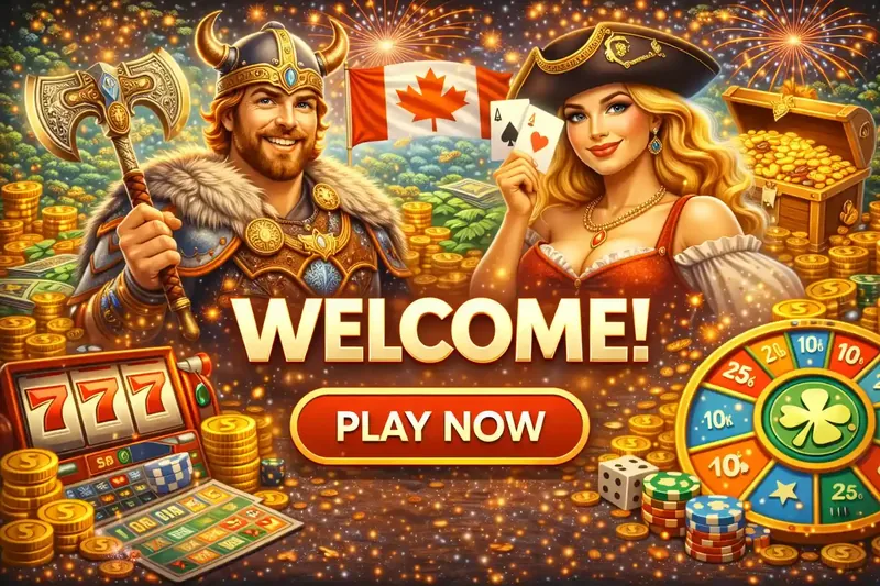 Festive Canadian themed casino welcome screen with Viking warrior pirate treasure chest and maple leaf flag promoting play now button