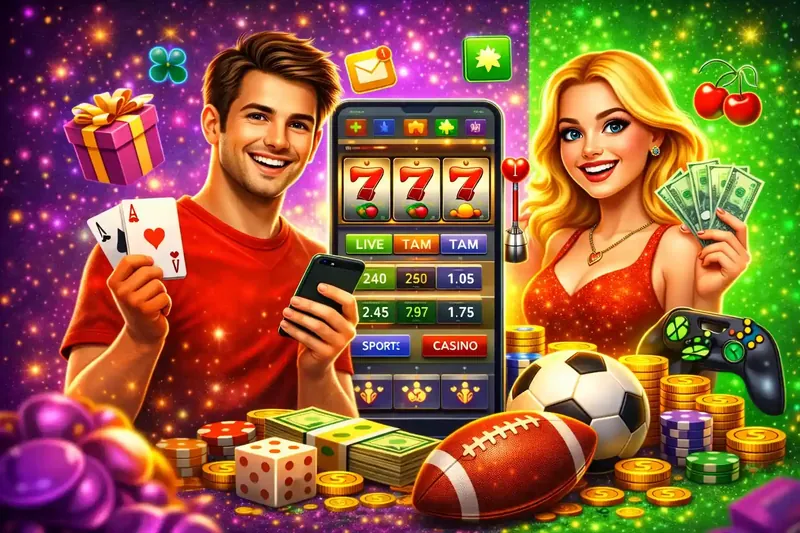 Young couple enjoying mobile casino gaming with slot machine showing triple sevens sports balls and casino chips