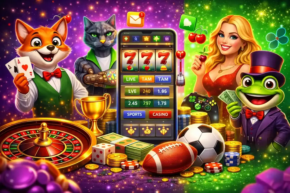 Colorful online casino interface featuring slots sports betting and live games with animated characters and mobile gaming options