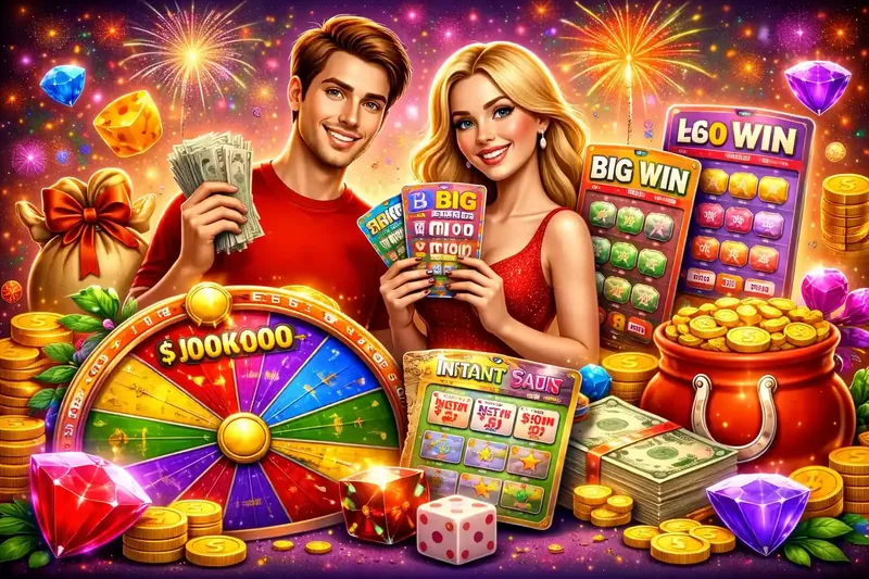 Celebrating couple with instant game wins showing fortune wheel scratch cards and mobile gaming interface with jackpot rewards