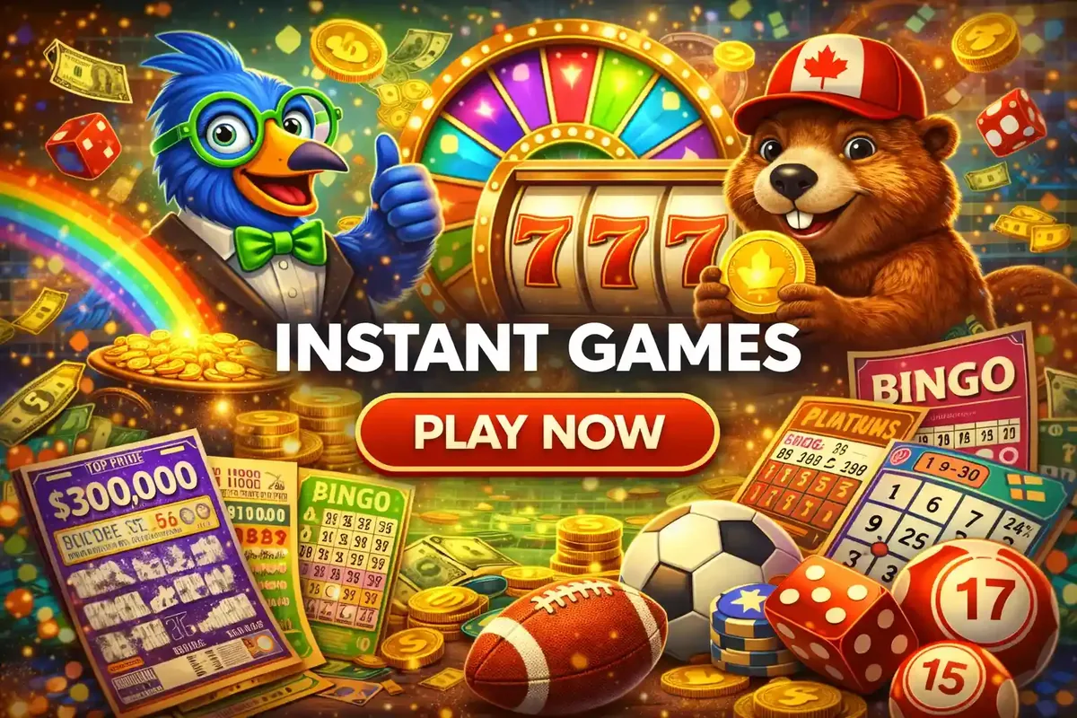 Vibrant instant games collection featuring colorful parrot beaver with Canada cap prize wheel bingo cards and lottery tickets