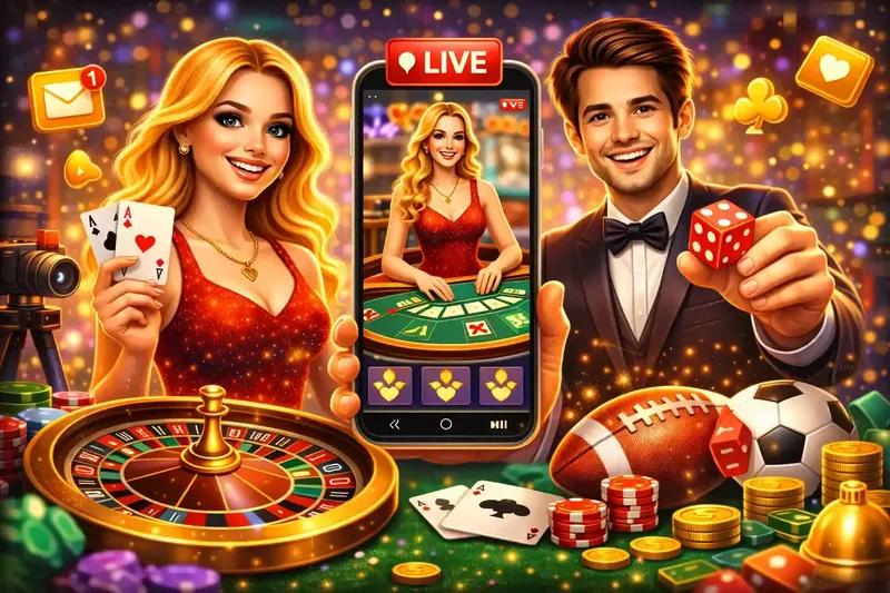 Live casino streaming experience with blonde host dealing cards roulette wheel and mobile device showing real time gameplay