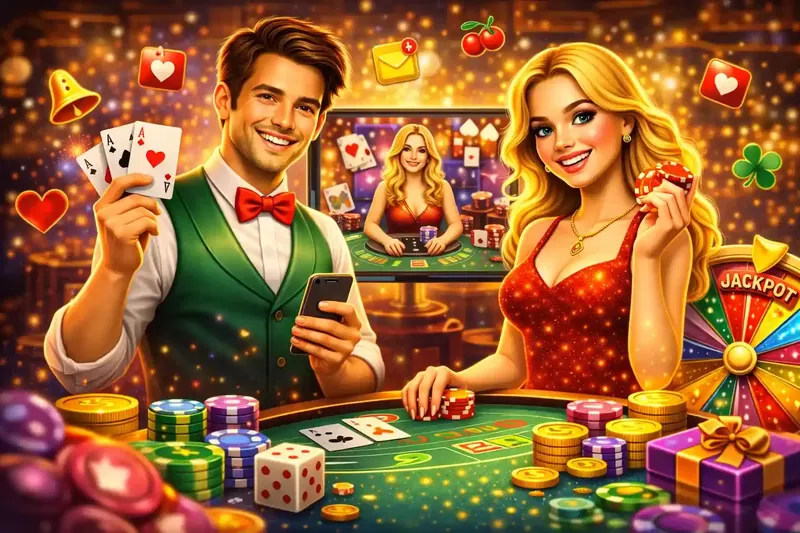 Elegant casino couple at professional gaming table with live dealer jackpot wheel and poker chips