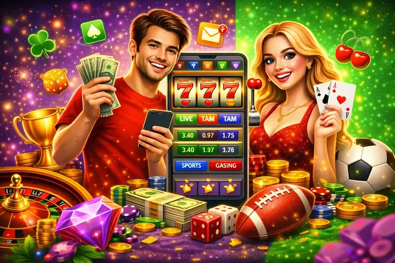 Happy couple displaying mobile casino winnings with slot machine playing cards and various sports equipment