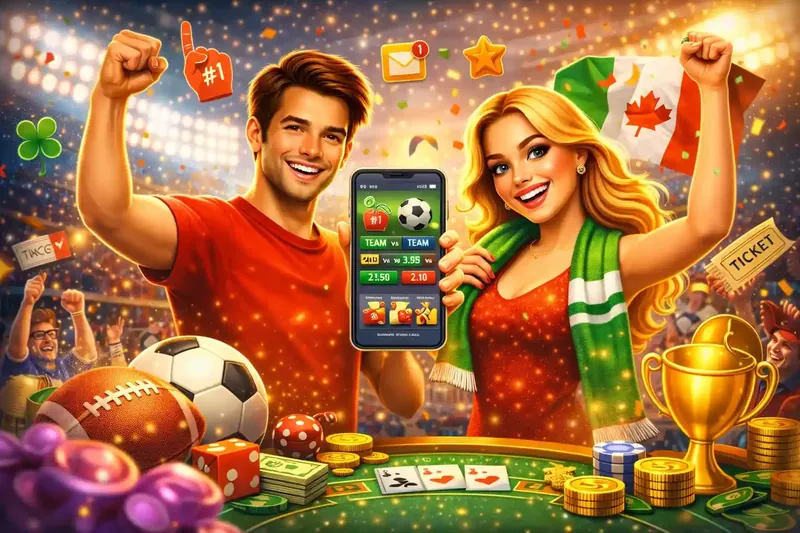 Enthusiastic Canadian sports fans celebrating with mobile betting app showing soccer match odds and stadium crowd atmosphere