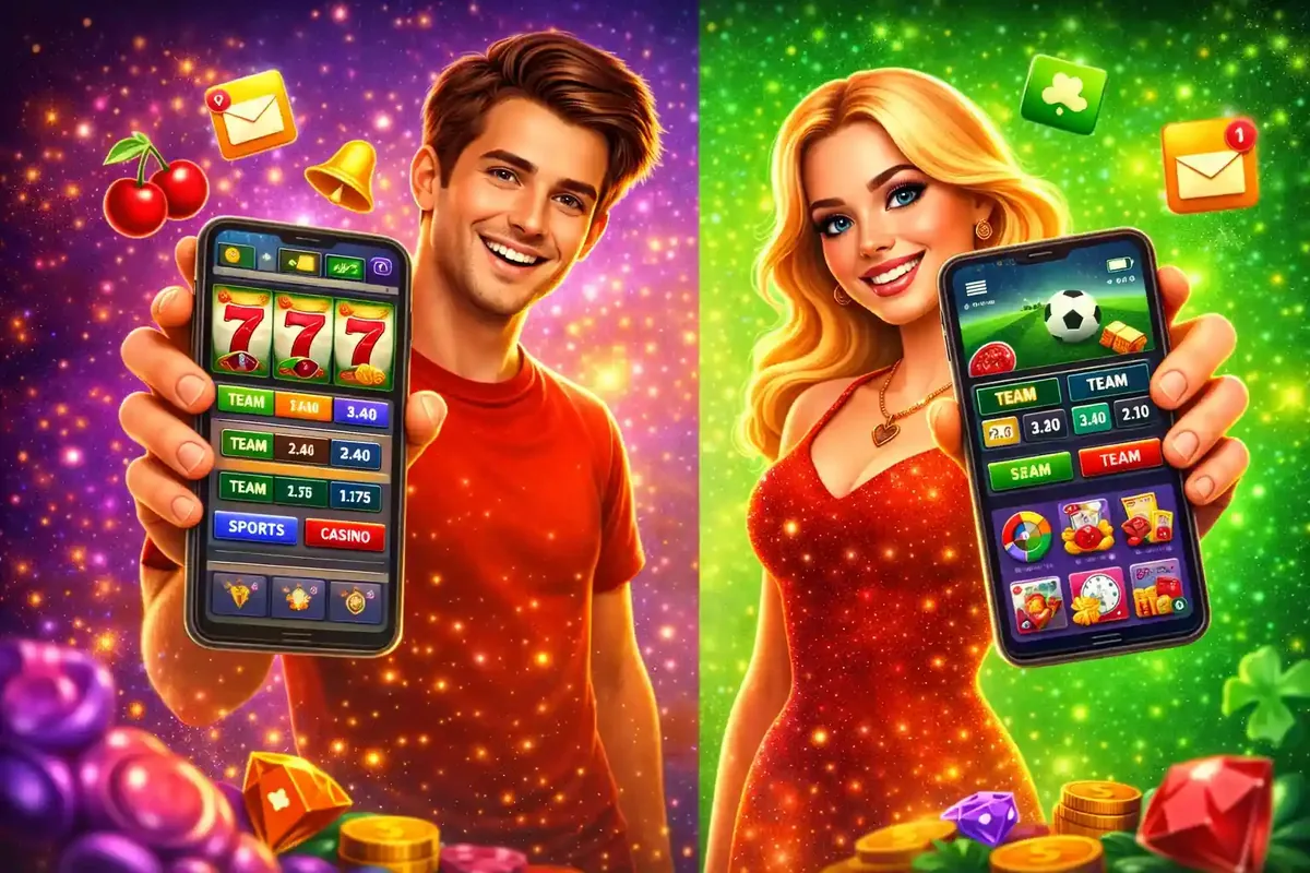 Excited couple showcasing mobile casino and sports betting apps with slots live games and betting options on smartphones