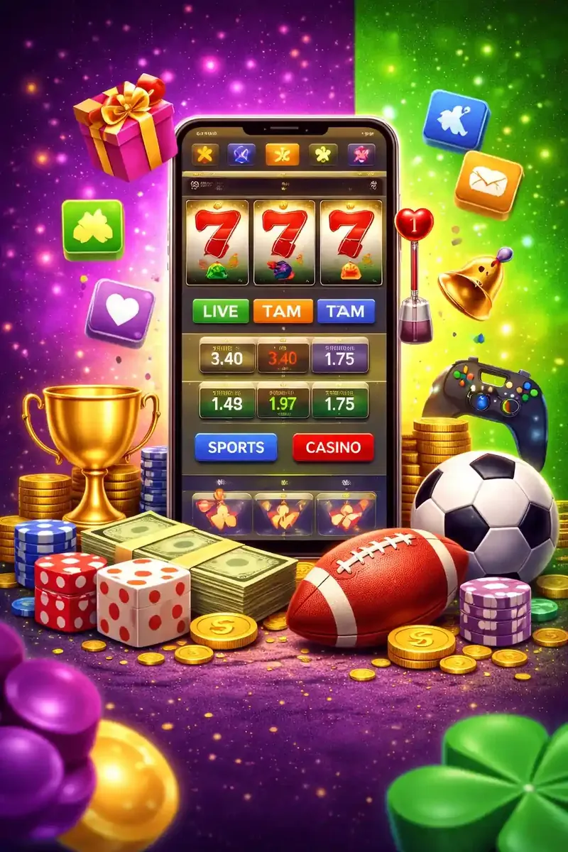 Premium mobile casino interface displaying triple sevens slot game sports betting options with trophy dice and cash prizes