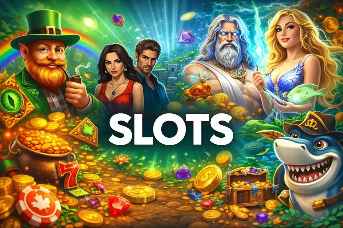 Diverse slot games showcase featuring mythological characters leprechaun goddess and shark with treasure and gaming symbols