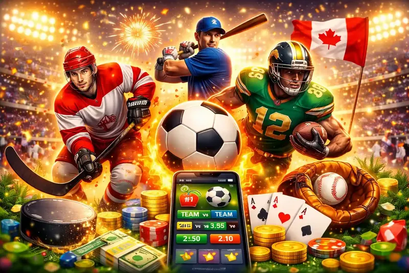 Exciting Canadian sports betting experience featuring hockey baseball and football with maple leaf symbols and betting odds display