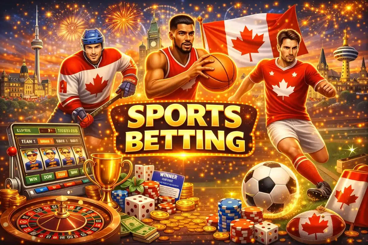 Canadian sports betting platform showcasing hockey basketball and soccer athletes with CN Tower and maple leaf flags