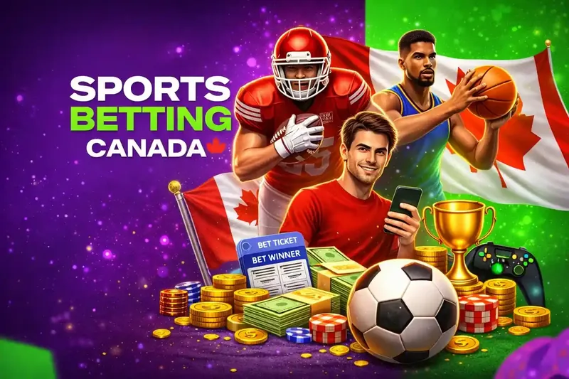 Dynamic Canadian sports betting scene with football basketball and soccer players surrounded by betting interface and fireworks
